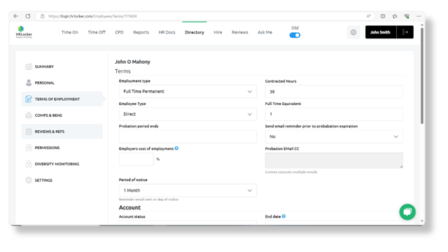 Screenshot of HRLocker’s Terms of Employment dashboard