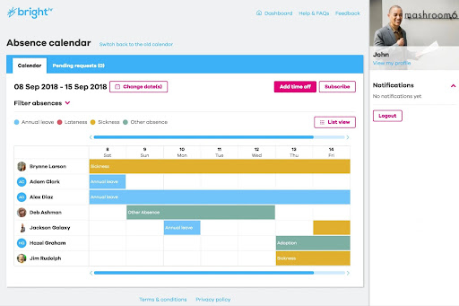Screenshot of Bright HR’s absence calendar