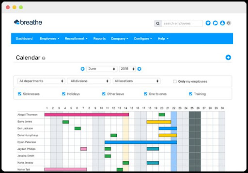 Screenshot of Breathe HR’s holiday calendar.