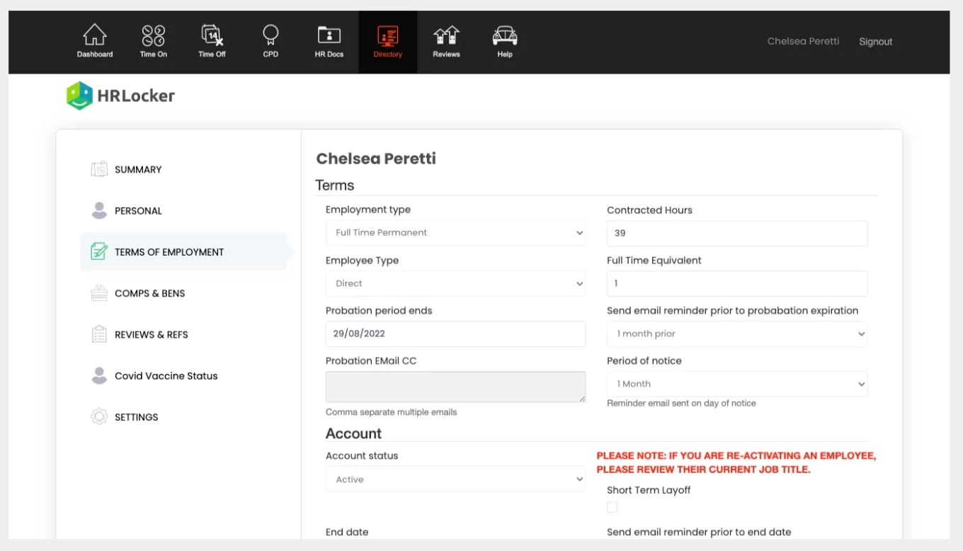 Screenshot of HRLocker’s Terms of Employment dashboard.