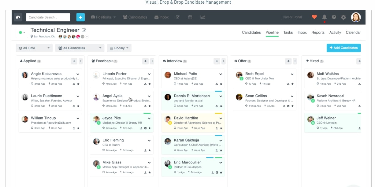 Breezy HR’s candidate management dashboard.