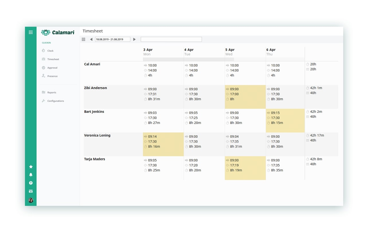 Screenshot of Calamari’s time-tracking solution