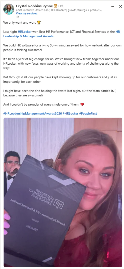 LinkedIn post of Award Win